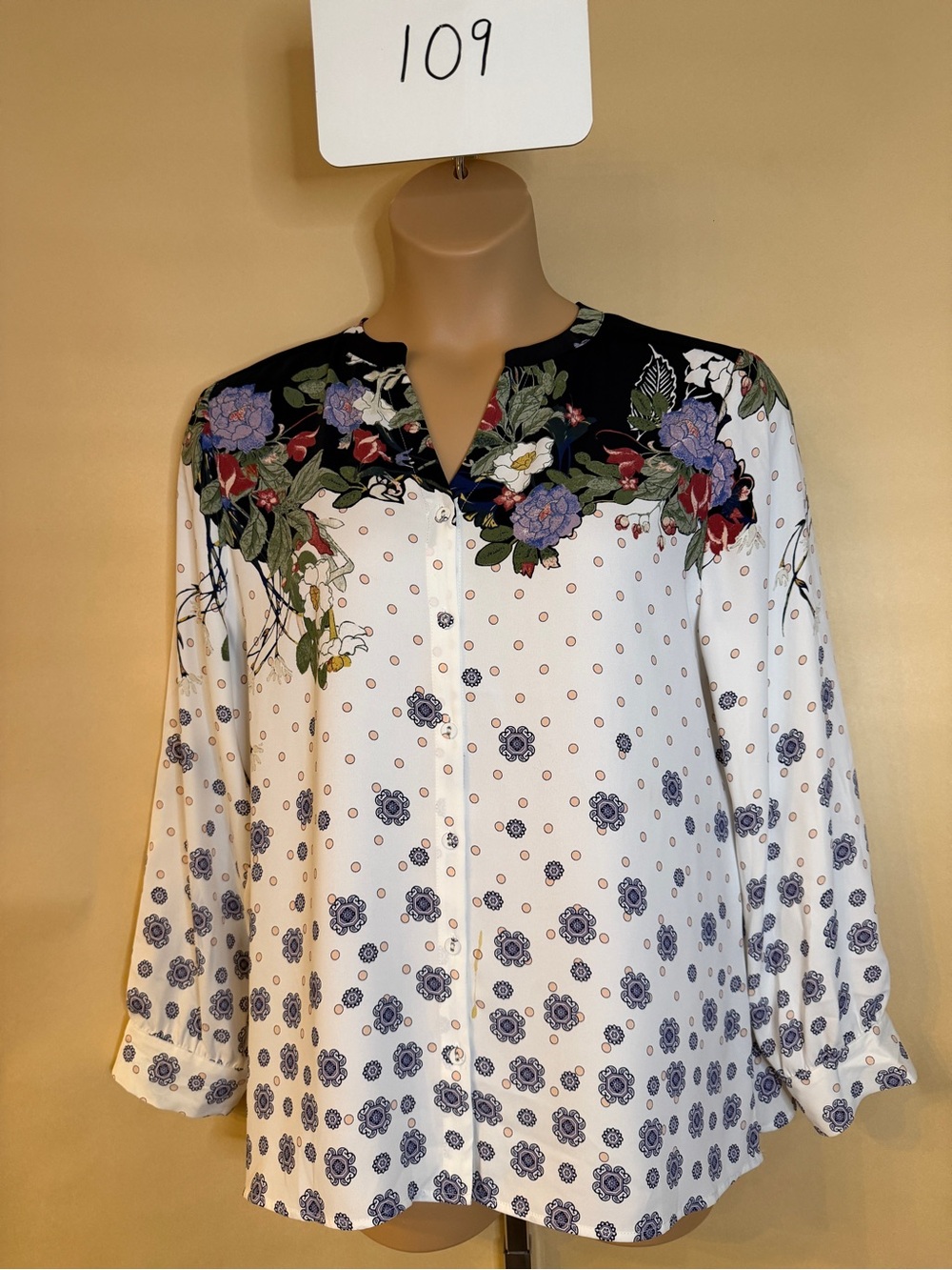 Chico’s Floral Yoke White Button-Front Women's Blouse